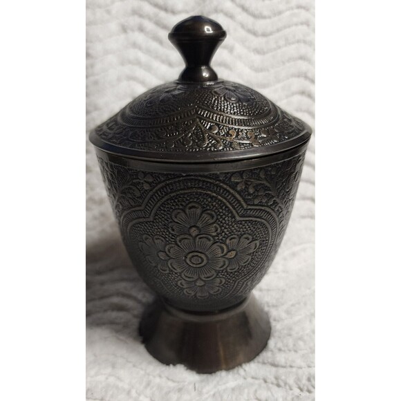 BEAUTIFUL Vintage 3pc BRONZE AntiqueBrass ETCHED 5"TrinketBox Lid 4"Saucer INDIA - Picture 3 of 16